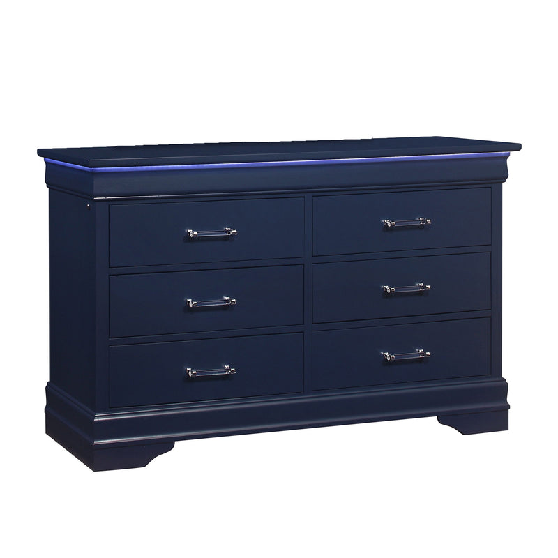 Blue bedroom dresser with six drawers and silver bar pulls