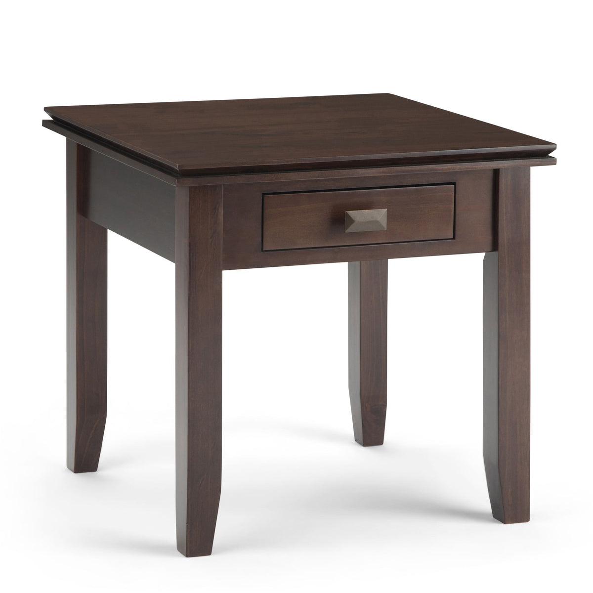 Handcrafted end table in dark brown wood with one front drawer and metal pull