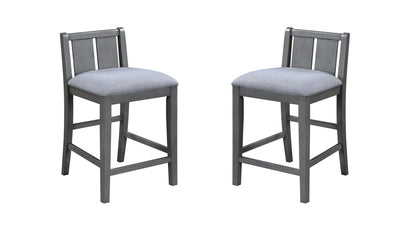 Counter-height upholstered seat chair in dark gray with slat back and square legs