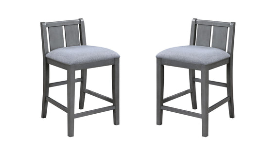Counter-height upholstered seat chair in dark gray with slat back and square legs
