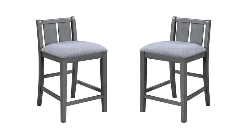 Counter-height upholstered seat chair in dark gray with slat back and square legs