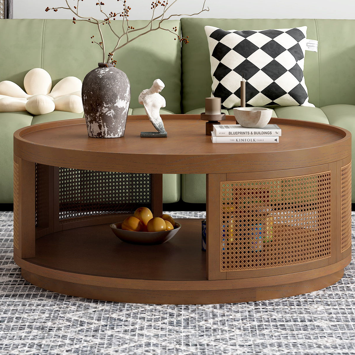 Round Cane Coffee Table With Rattan Side