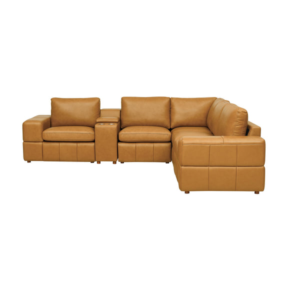 Tan modular sectional sofa with large square arms and chaise end section