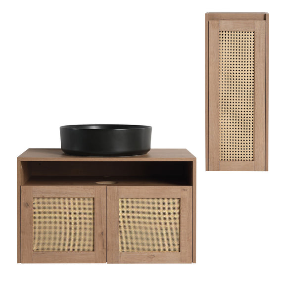 Floating bathroom vanity with rattan cabinet doors, black vessel sink, and side cabinet