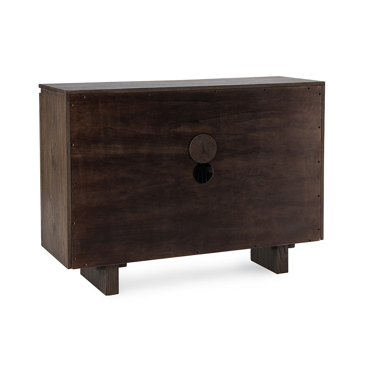Roya cabinet rear panel in dark toasted brown with two circular access openings