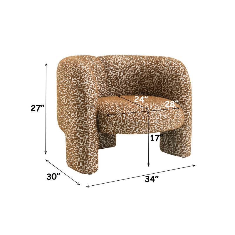 Light brown patterned Pemba accent chair with dimensions: 34 inches wide, 30 deep, 27 high