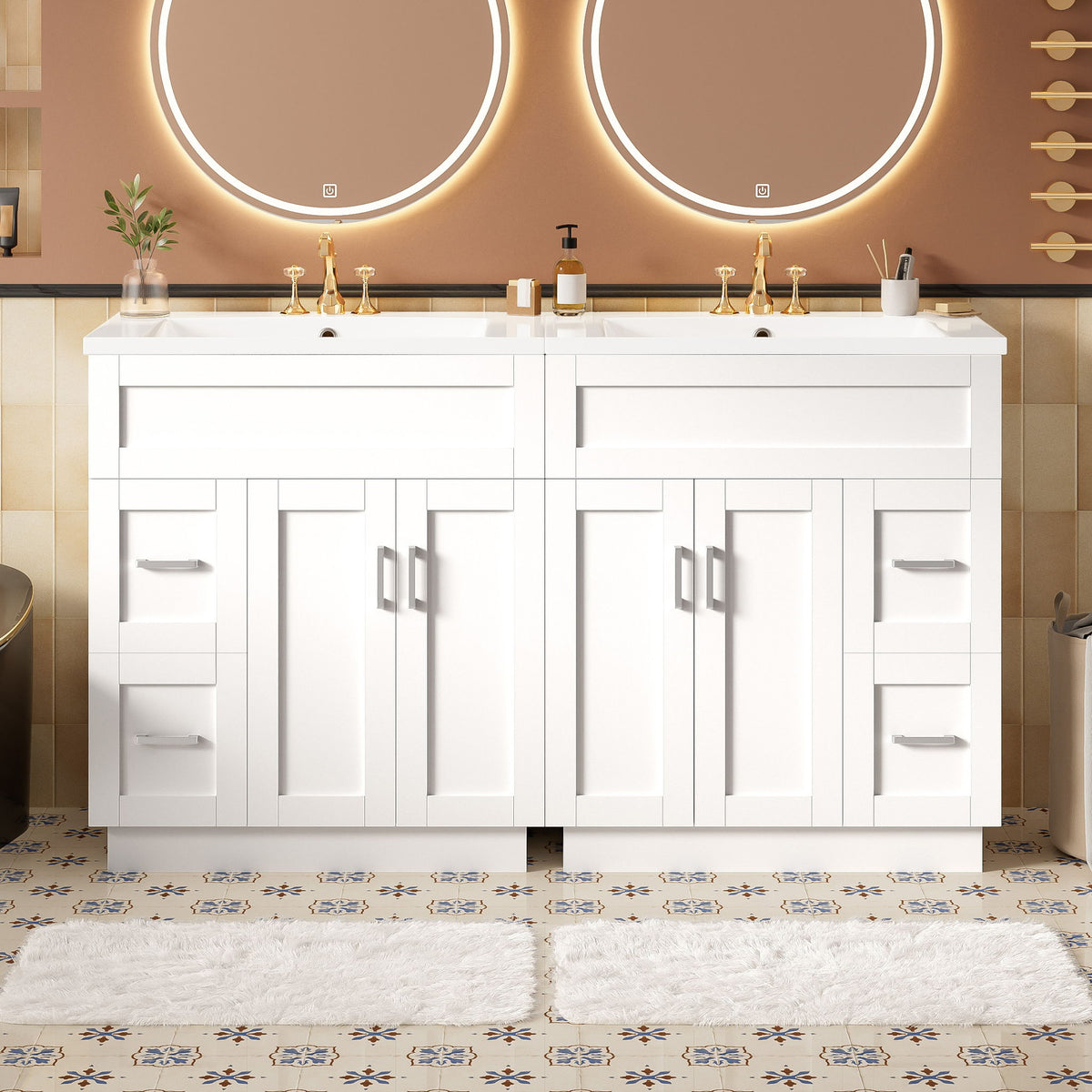 White double-sink bathroom vanity with multiple cabinet doors and drawer openings