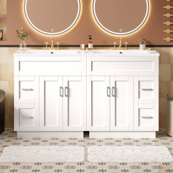 White double-sink bathroom vanity with multiple cabinet doors and drawer openings