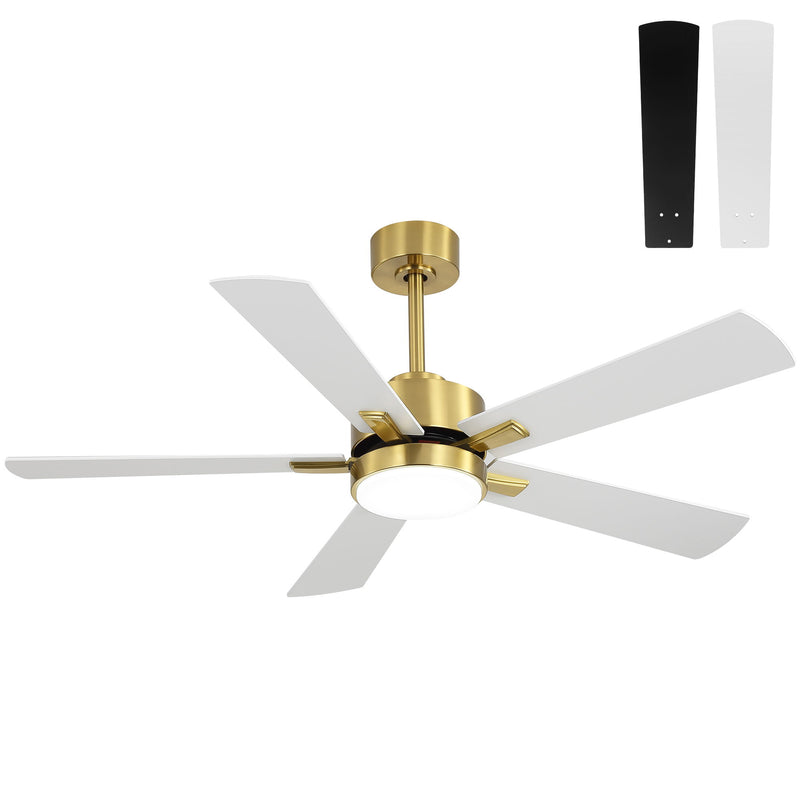 Gold ceiling fan with integrated light and reversible white blade set