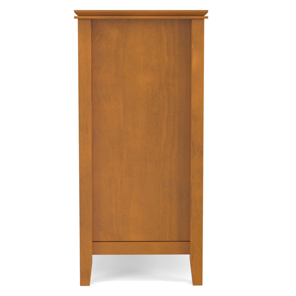 Tall TV media stand in light brown with open base and flat panel sides