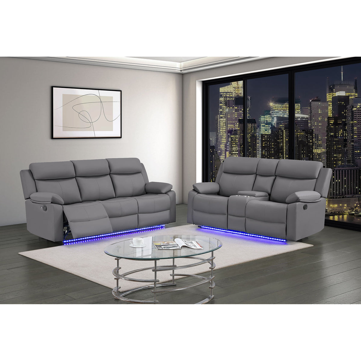 Gray reclining sofa set with blue LED base lighting in a living room setting