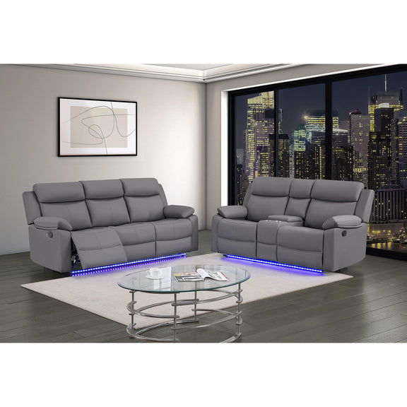 Gray reclining sofa set with blue LED base lighting in a living room setting