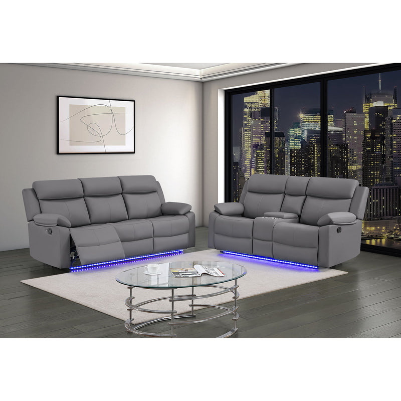 Gray reclining sofa set with blue LED base lighting in a living room setting