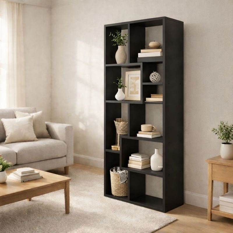 Black 5-tier asymmetrical display shelf with open cubbies for books and decor