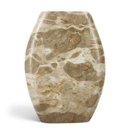 Beige marble vase with mottled stone pattern and dark opening, rounded tapered shape.