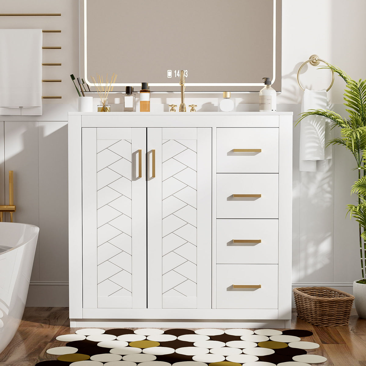 White bathroom vanity cabinet with double panel doors, three drawers, and gold bar handles.