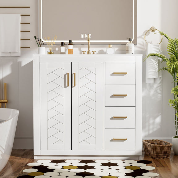 White bathroom vanity cabinet with double panel doors, three drawers, and gold bar handles.