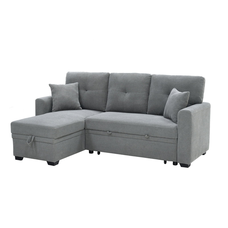 Gray sleeper sectional sofa with reversible chaise, two cushions, and pull-out storage base