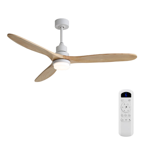 Ceiling fan with light, white body, 3 wood blades, LCD remote
