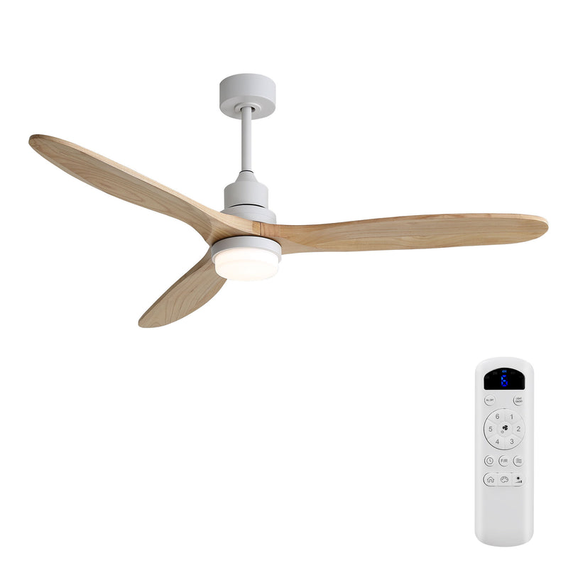 Ceiling fan with light, white body, 3 wood blades, LCD remote