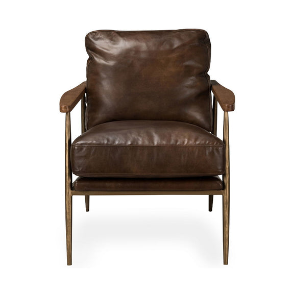 Antique brown leather-look club chair with padded back, wooden arms and legs