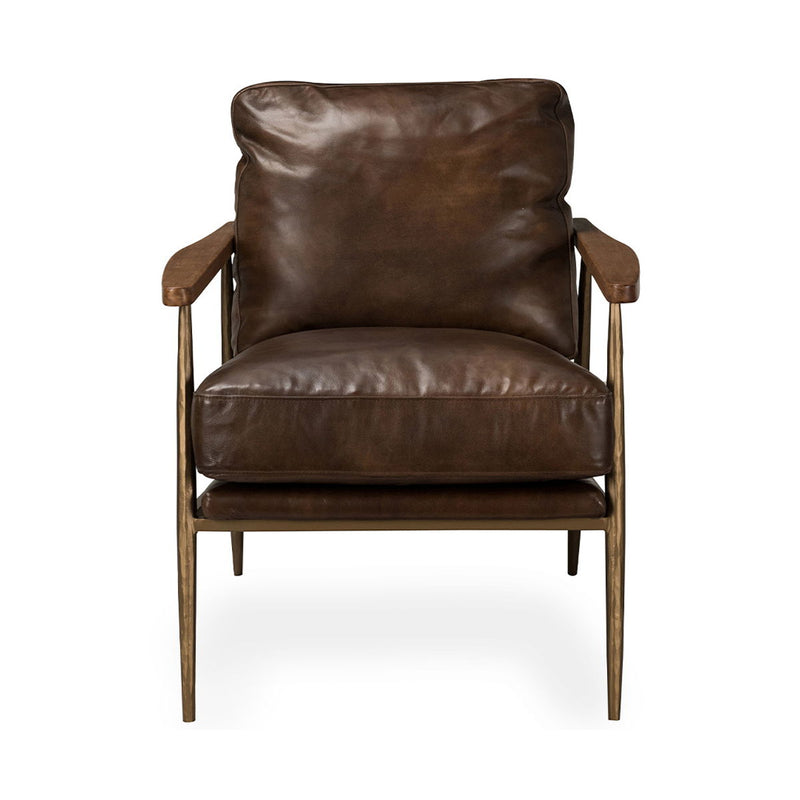 Antique brown leather-look club chair with padded back, wooden arms and legs