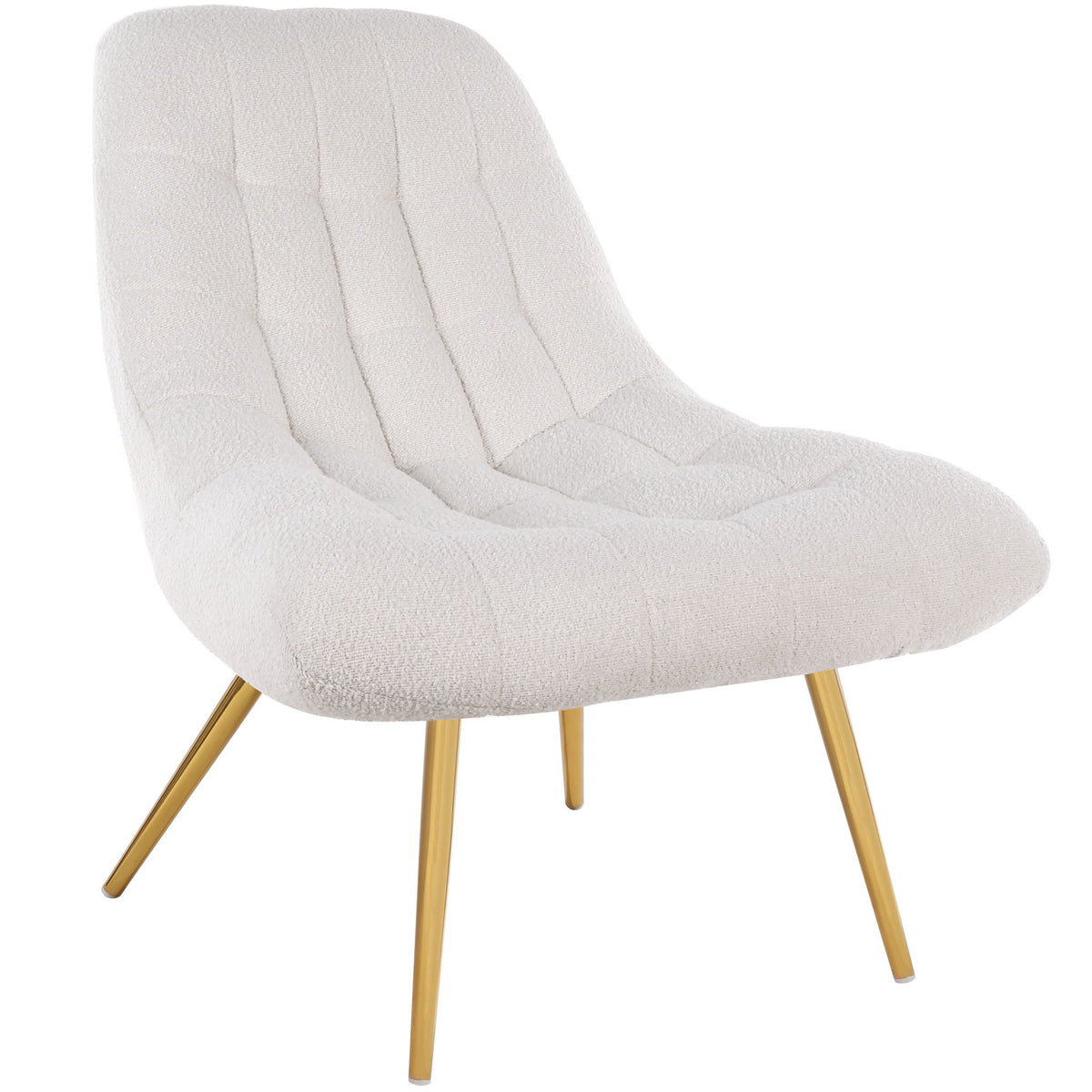 Beige boucle lounge chair with channel tufting, curved arms, and gold-tone legs