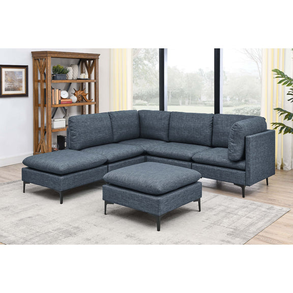 Blue modular sectional sofa with ottoman, corner L-shape and squared arms