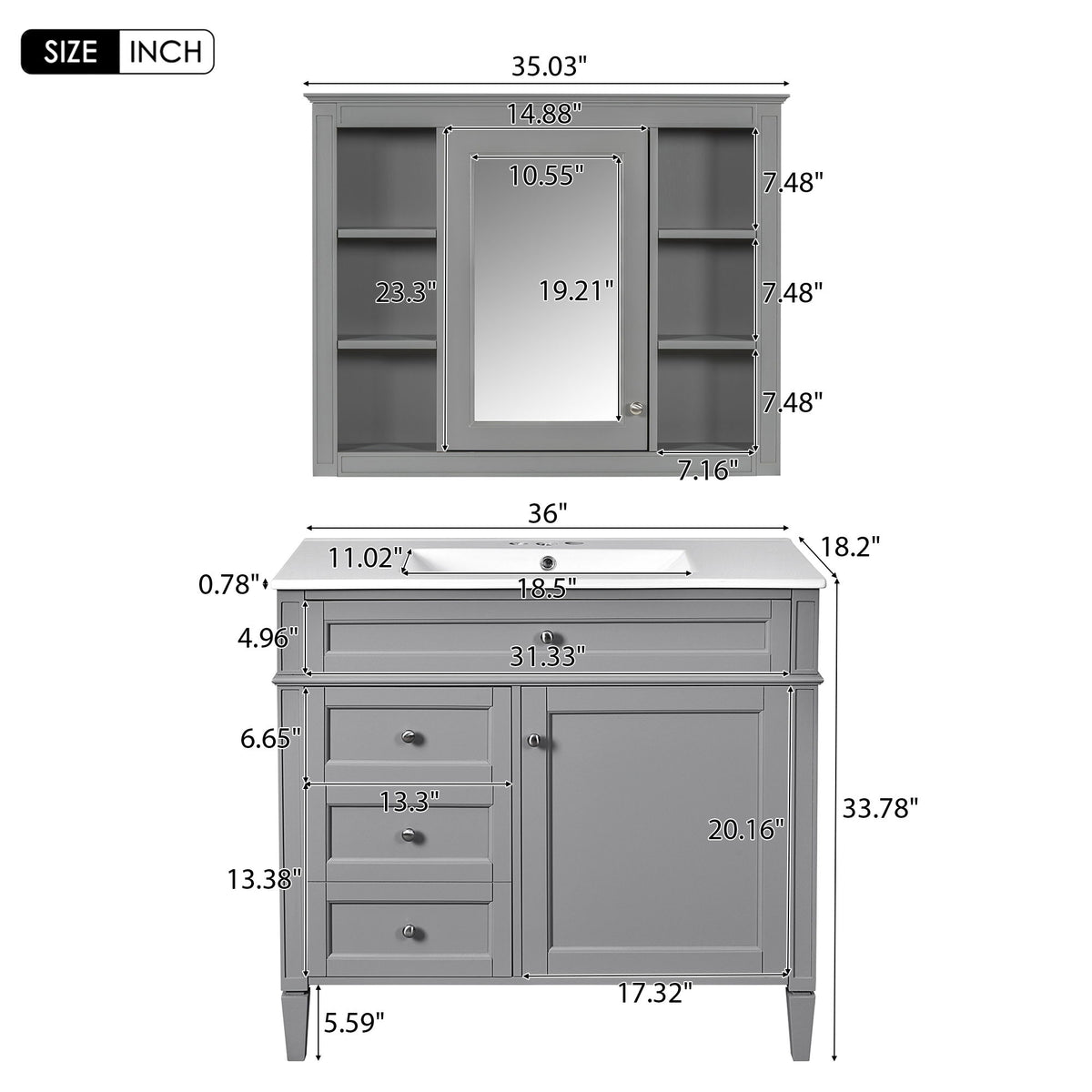 Bathroom Vanity With Mirror Cabinet, Single Sink With 2 Soft Closing Doors And 4 Drawers