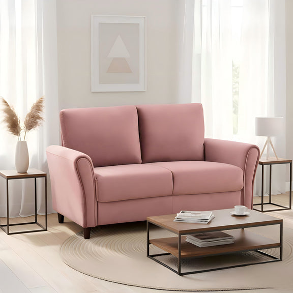 Pink curved-arm loveseat sofa with padded arms and two seat cushions