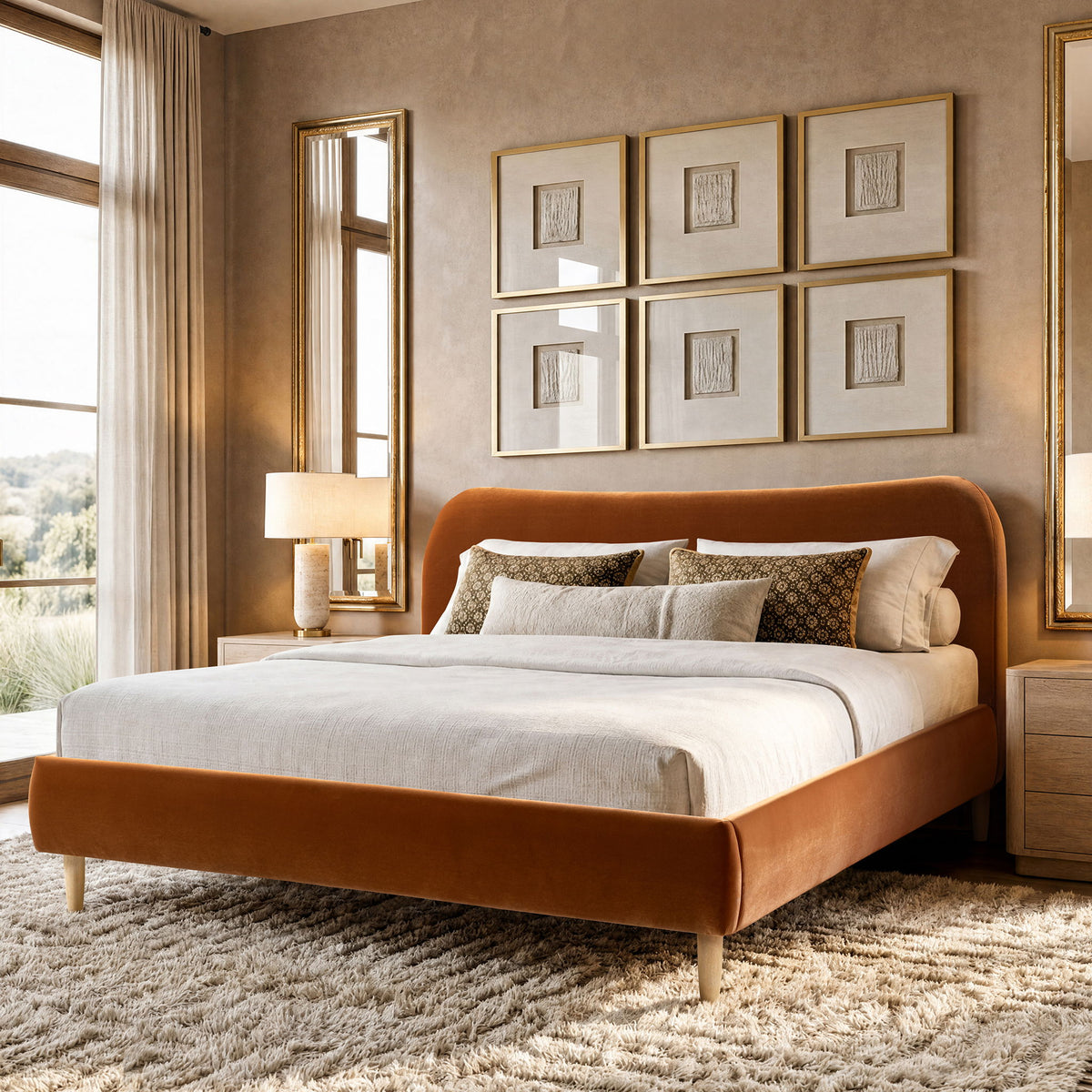 Orange upholstered platform bed with curved headboard, thick frame, styled with pillows