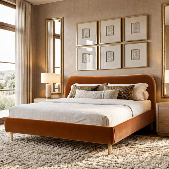 Orange upholstered platform bed with curved headboard, thick frame, styled with pillows