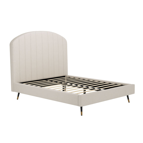 Light beige upholstered bed frame with arched channel headboard and centered slats