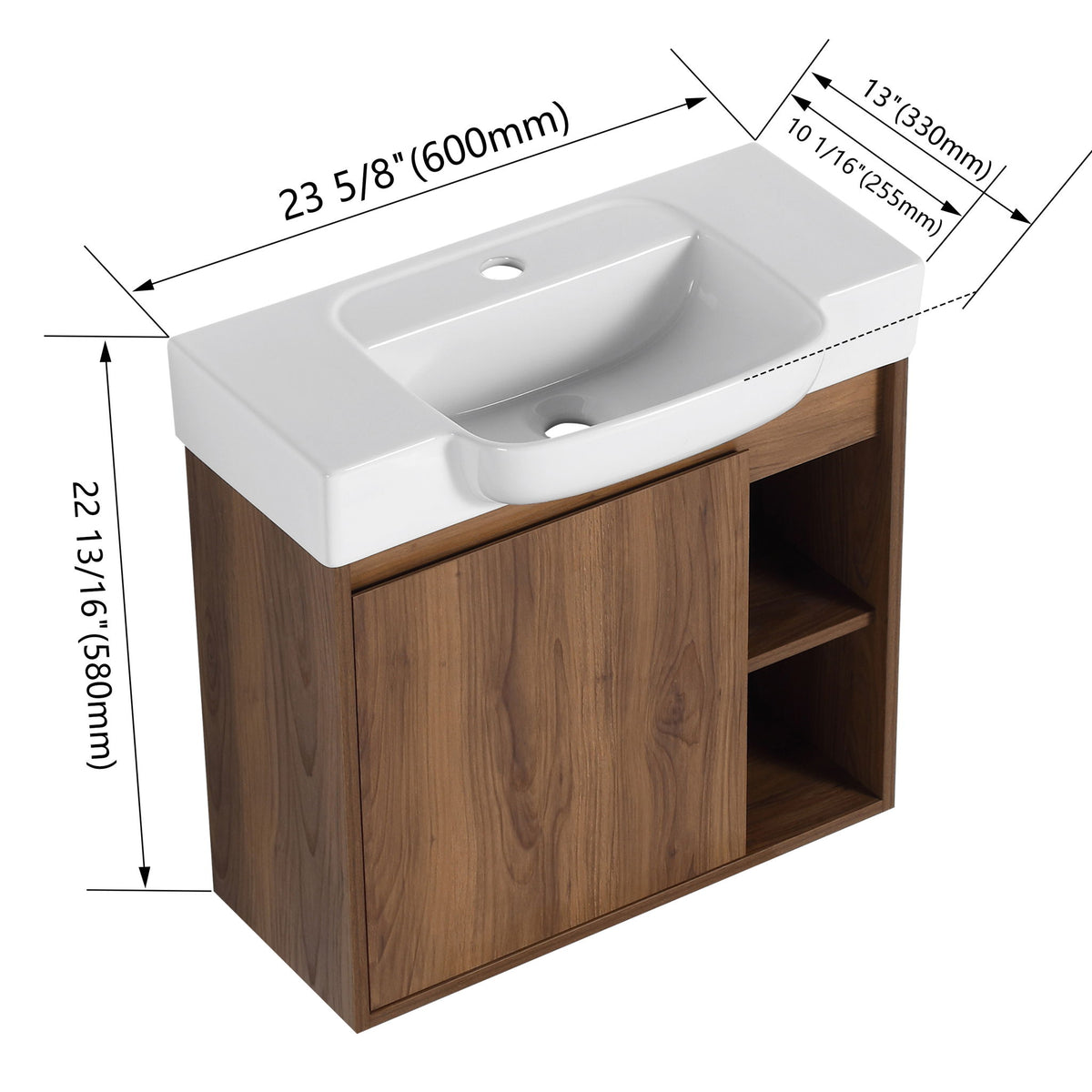 Wall-mounted bathroom vanity with white sink and dark brown wood cabinet with open shelf