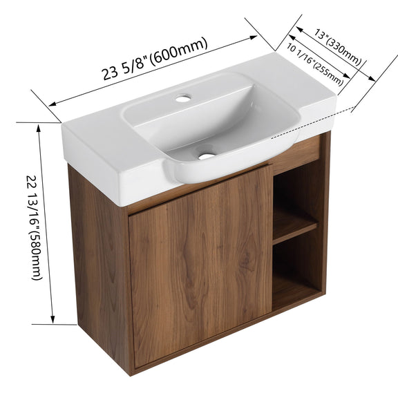 Wall-mounted bathroom vanity with white sink and dark brown wood cabinet with open shelf