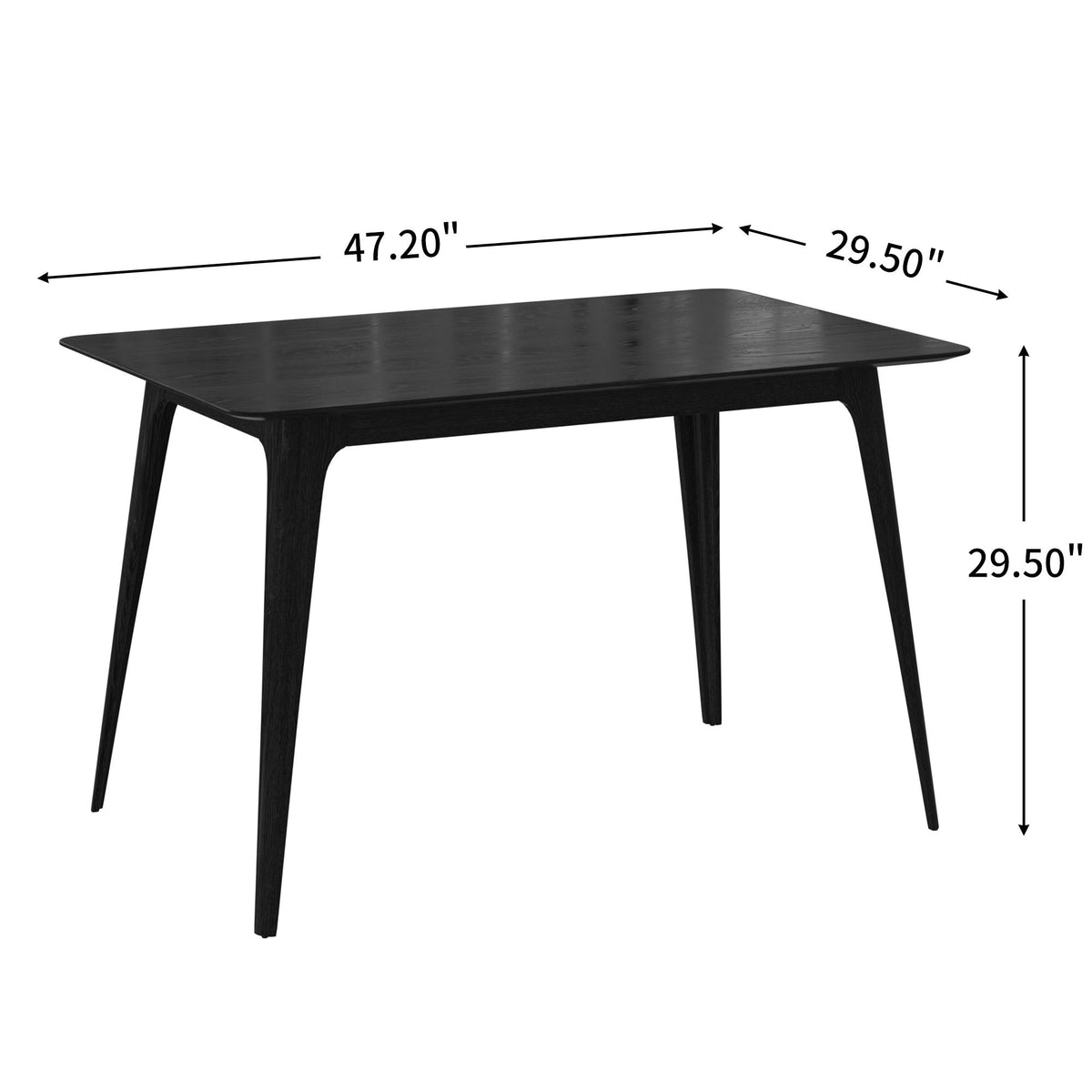 Black dining table with curved-edge top and tapered legs