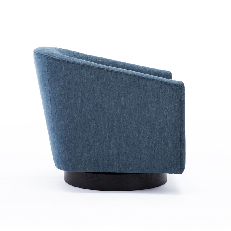 Light blue fabric swivel chair, side view, with rounded back and black base
