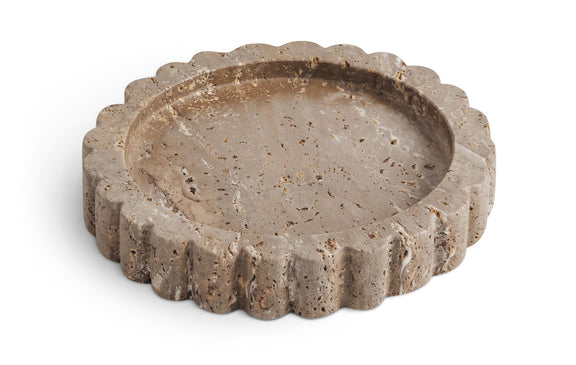 Gray travertine serving tray with scalloped rim and speckled stone texture