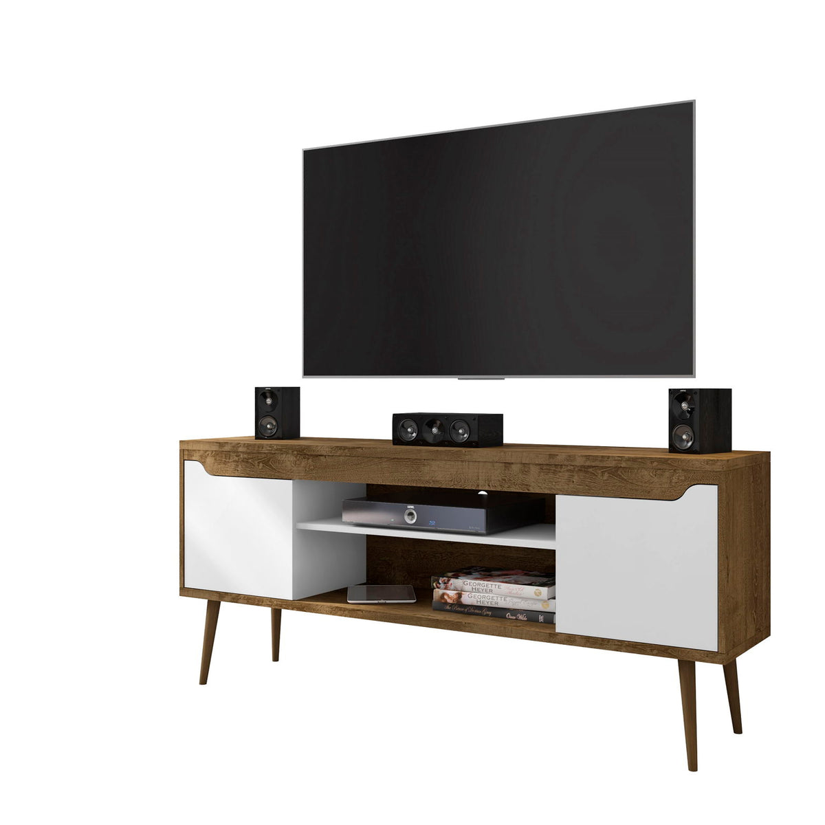 Rustic brown and white TV stand with two cabinets, open shelves, and tapered legs