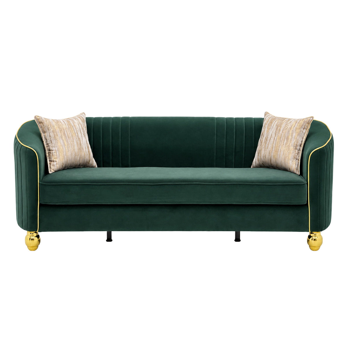 Three-seat dark green sofa with gold trim, fluted back, gold feet, and two beige accent pillows