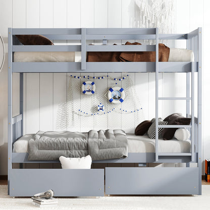 Twin Over Twin Rubber Wood Bunk Bed with 2 Drawers, Convertible into 2 Twin Beds, Twin Size Bunk Bed with Ladder and Safety Guardrails, Grey