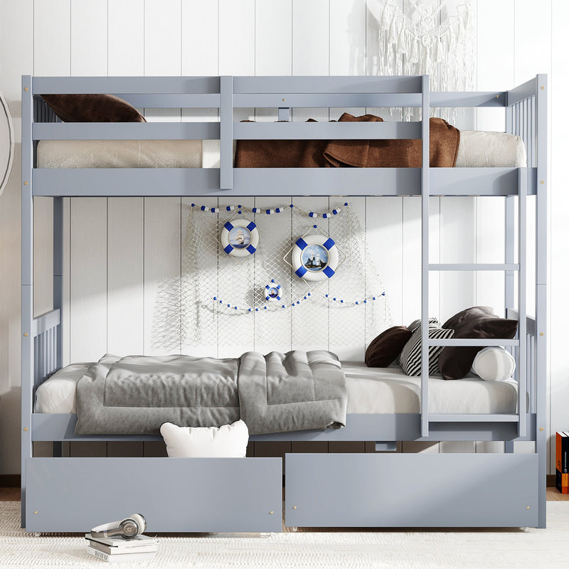 Twin Over Twin Rubber Wood Bunk Bed with 2 Drawers, Convertible into 2 Twin Beds, Twin Size Bunk Bed with Ladder and Safety Guardrails, Grey