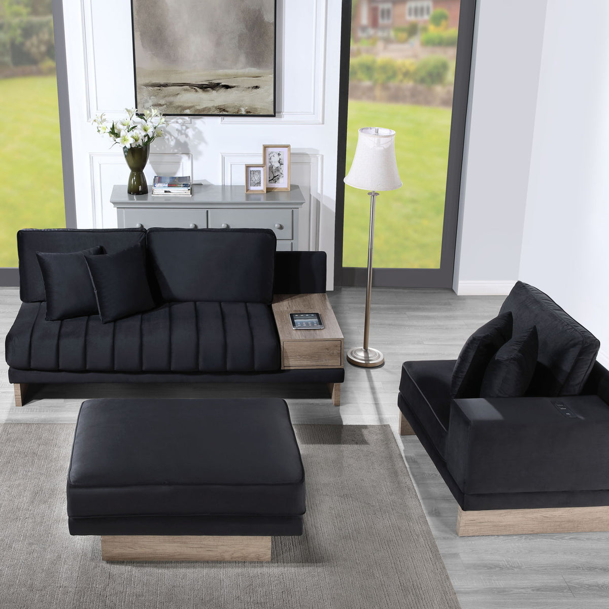 Memphis - Velvet Reversible Sectional Sofa Ottoman With Storage Compartment, Drawer, USB ports, Charging Outlets