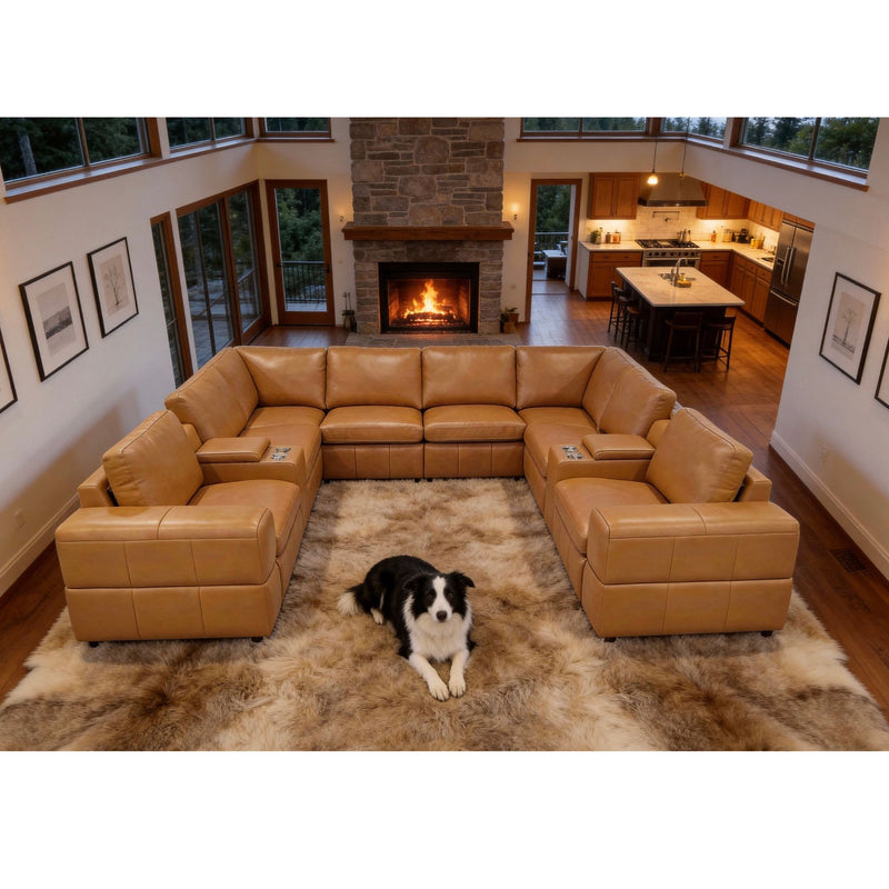 Tan U-shaped modular sectional sofa with square arms and cushioned corner pieces