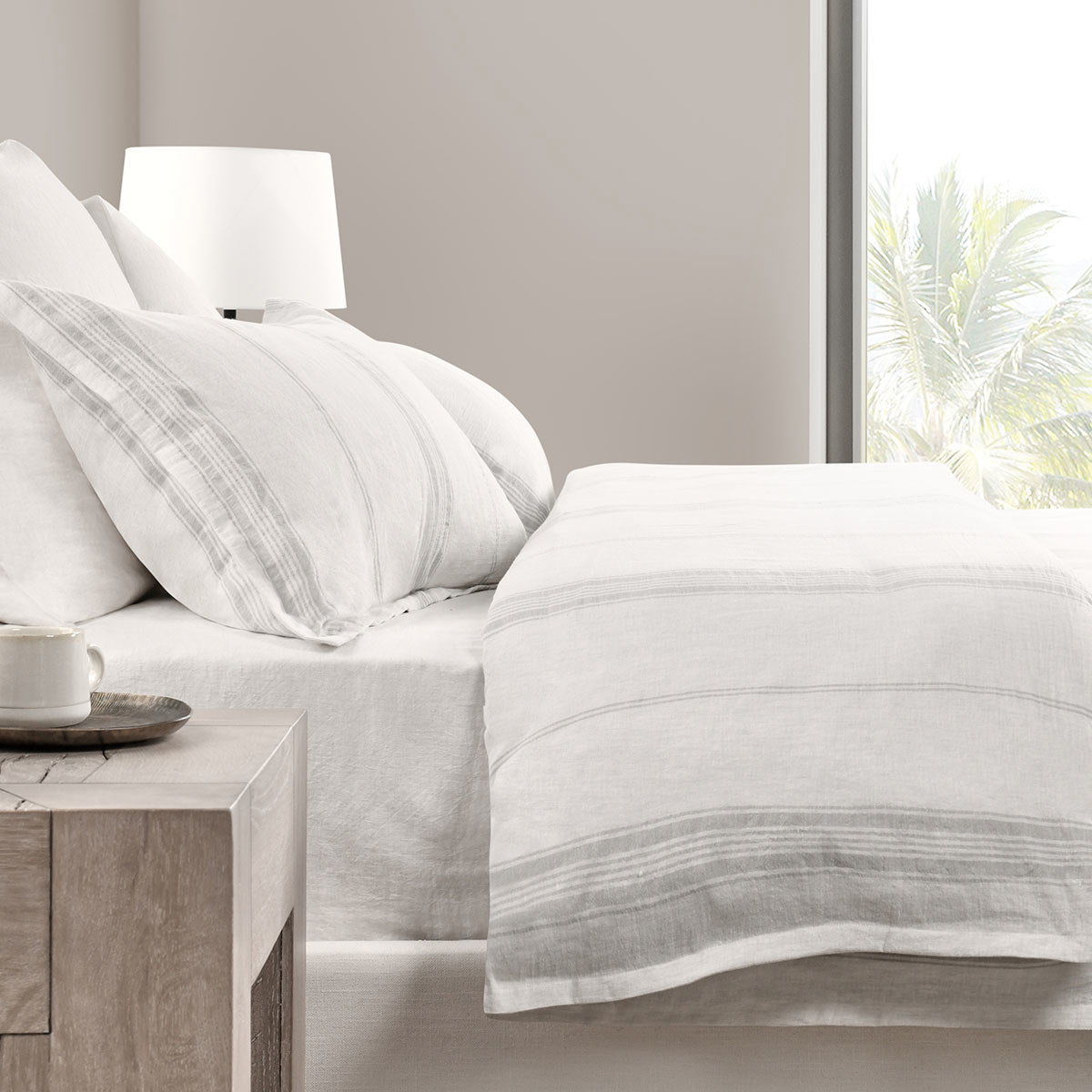 Jayson linen cashmere sham in light gray, square pillow with soft stripe trim