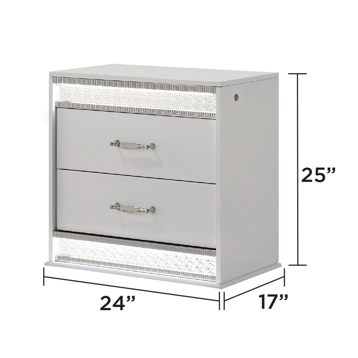 White 2-drawer nightstand with dimensions 24in x 17in x 25in and LED trim