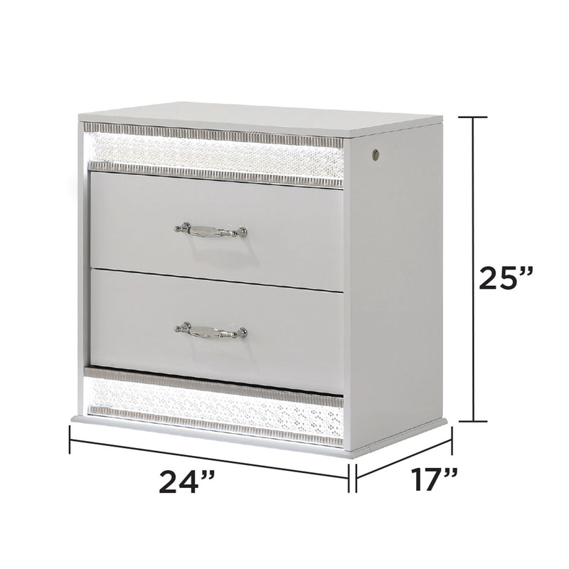 White 2-drawer nightstand with dimensions 24in x 17in x 25in and LED trim