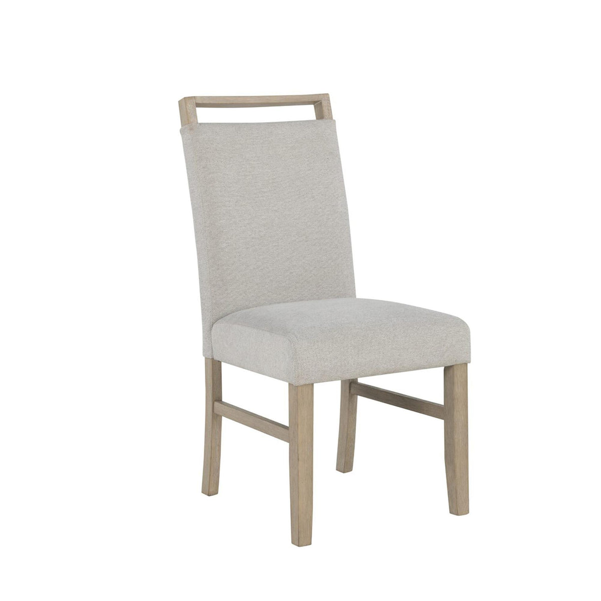 Beige upholstered dining chair with fabric backrest and padded seat
