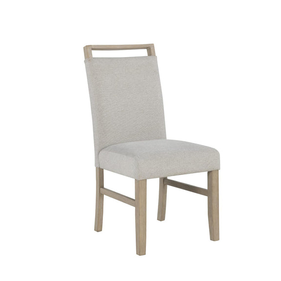 Beige upholstered dining chair with fabric backrest and padded seat