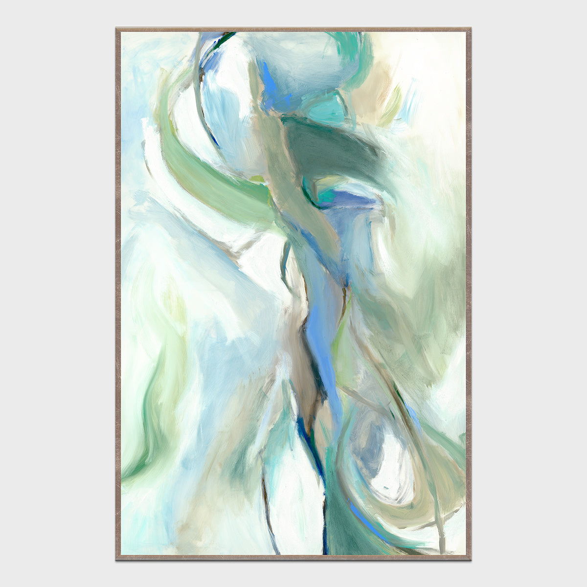 Wood-framed abstract wall painting with blue and green brushstrokes